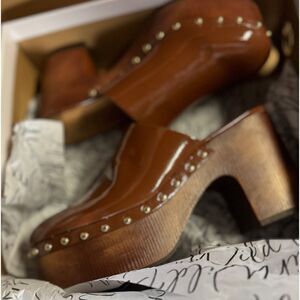 Wild Pair Womens Adorre Faux Leather Studded Clogs Cognac